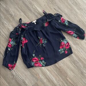Joie Silk Navy Blouse with Pink Floral Design